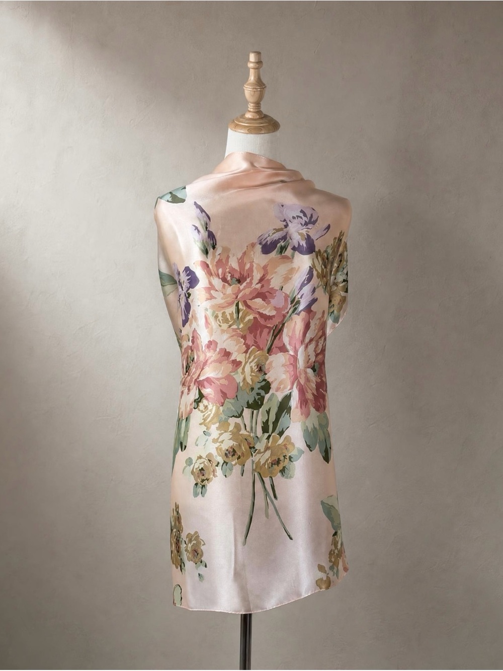 Ralph Lauren Silk Charmeuse Watercolor Garden Floral Scarf Shell Pink | 34”